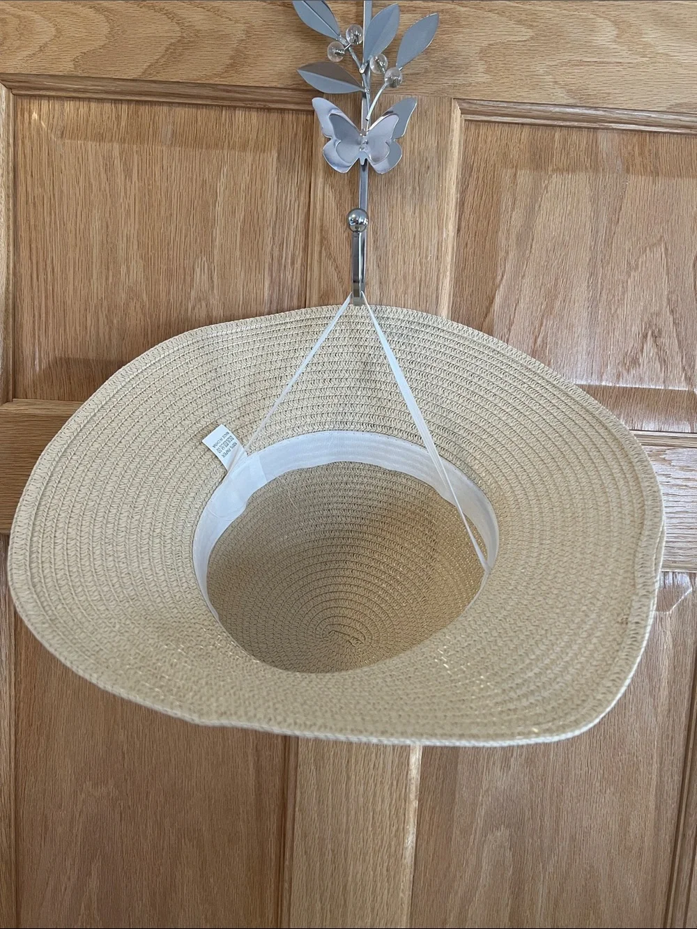 Girl’s Cream Straw Sun Hat with Black Bow Accent